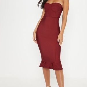 DARK RED FRILL HEM BANDAGE MIDI DRESS